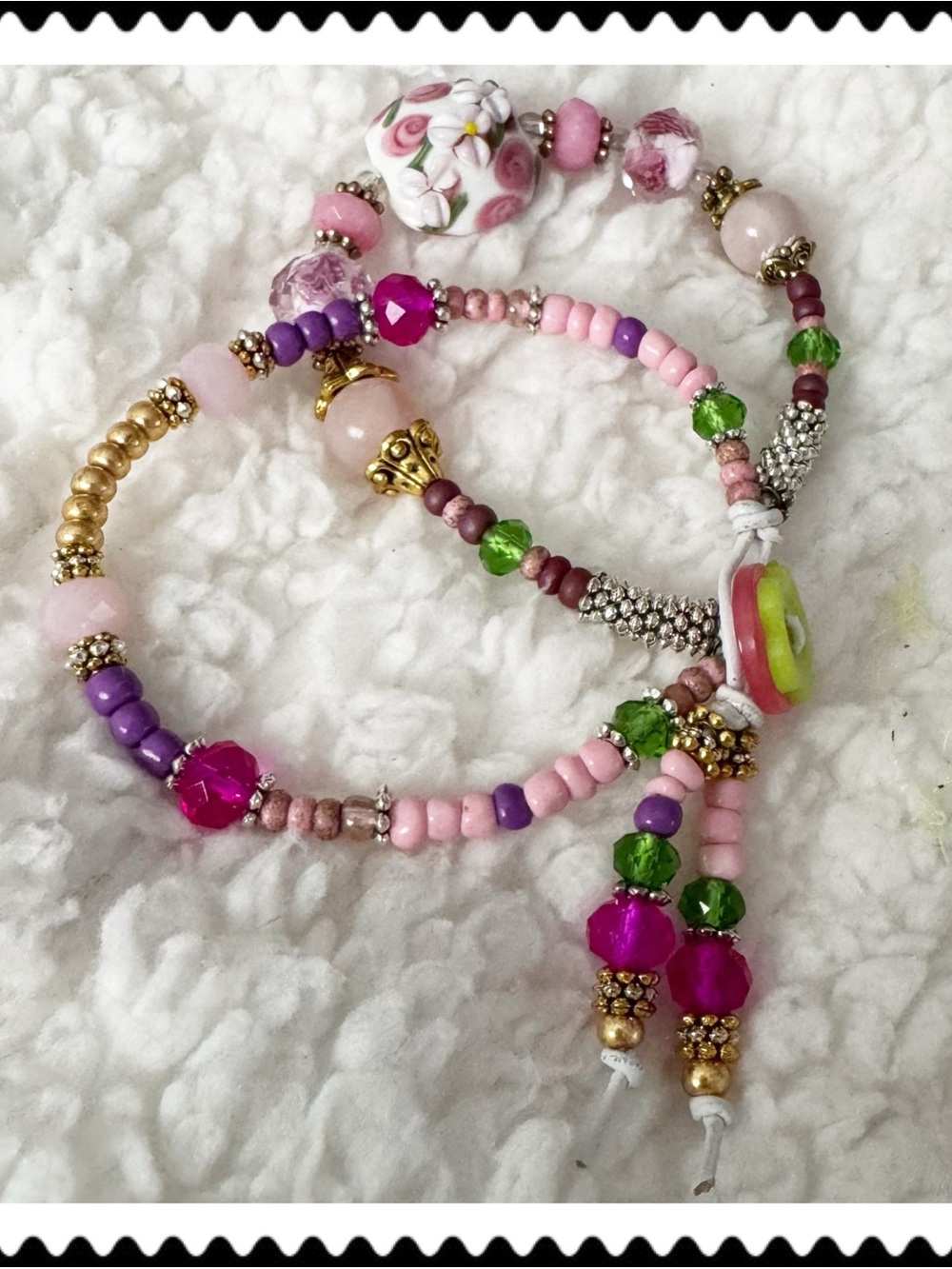 Handcrafted Pink Floral LAMPWORK Beaded Two Strand Bracelet